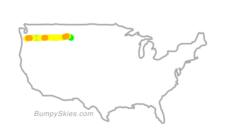 Map of continental US with illustrated flight path and turbulence forecast (described in text below)