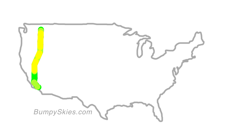 Map of continental US with illustrated flight path and turbulence forecast (described in text below)