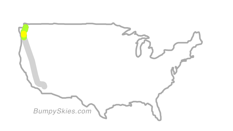 Map of continental US with illustrated flight path and turbulence forecast (described in text below)