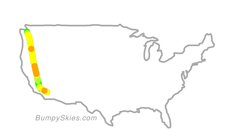 Map of continental US with illustrated flight path and turbulence forecast (described in text below)