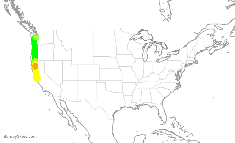 Turbulence forecast map for QXE2186, SEA to SJC