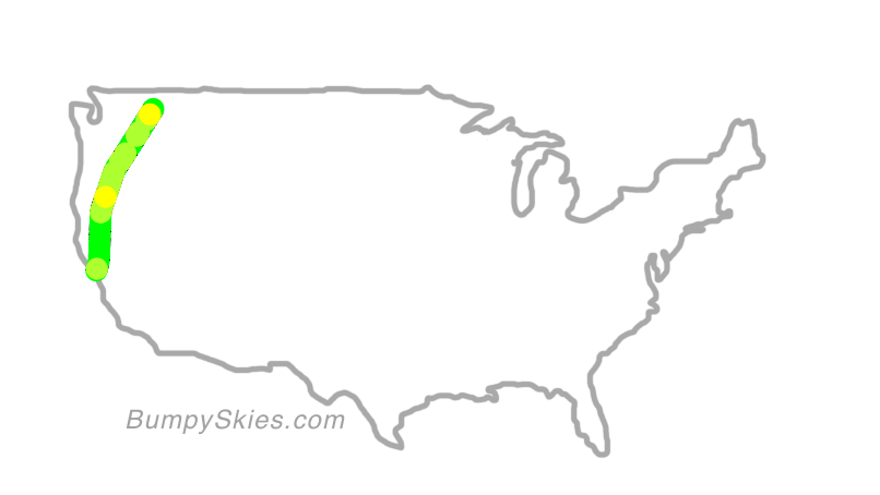 Map of continental US with illustrated flight path and turbulence forecast (described in text below)