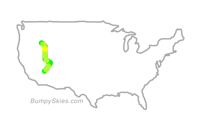 Map of continental US with illustrated flight path and turbulence forecast (described in text below)