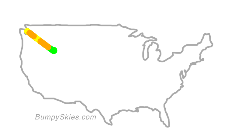 Map of continental US with illustrated flight path and turbulence forecast (described in text below)