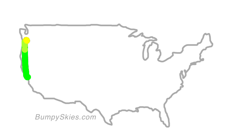 Map of continental US with illustrated flight path and turbulence forecast (described in text below)