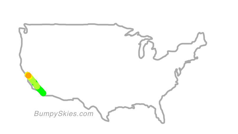 Map of continental US with illustrated flight path and turbulence forecast (described in text below)