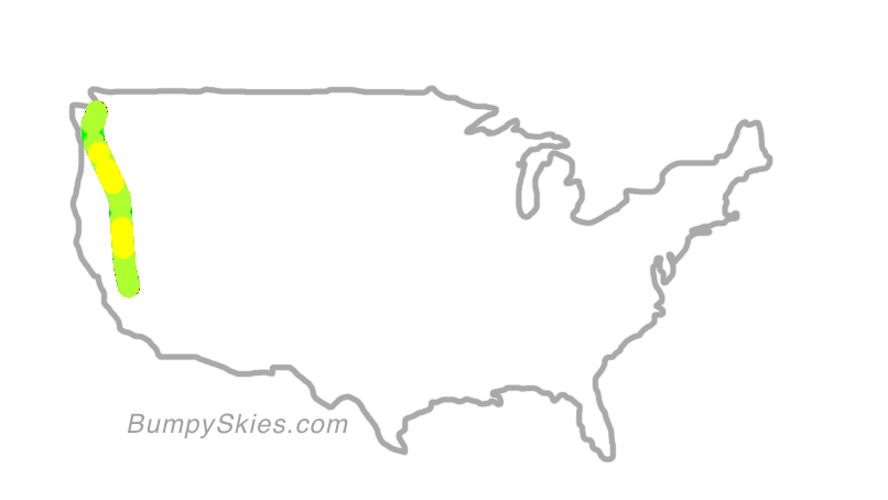 Map of continental US with illustrated flight path and turbulence forecast (described in text below)