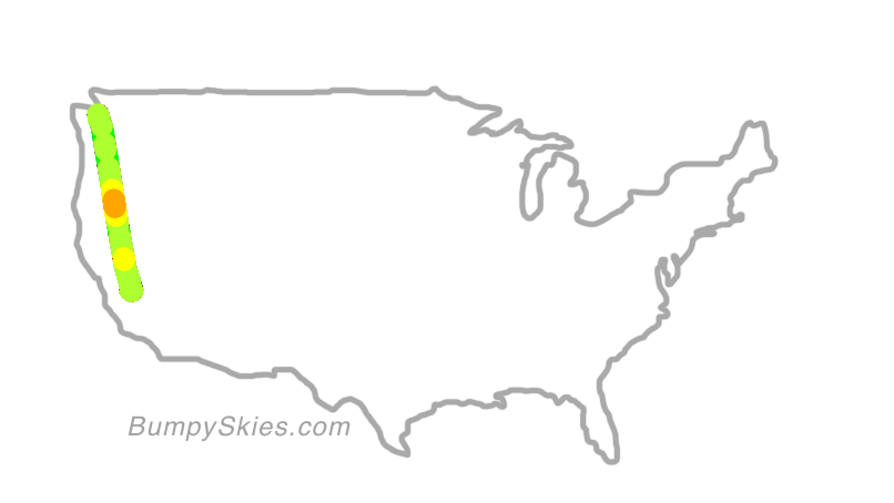 Map of continental US with illustrated flight path and turbulence forecast (described in text below)