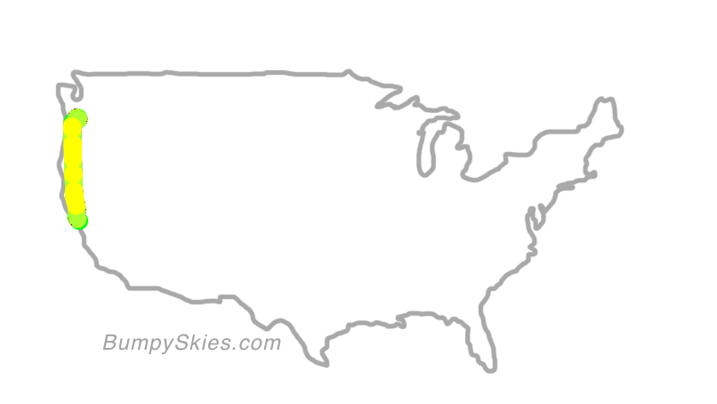 Map of continental US with illustrated flight path and turbulence forecast (described in text below)