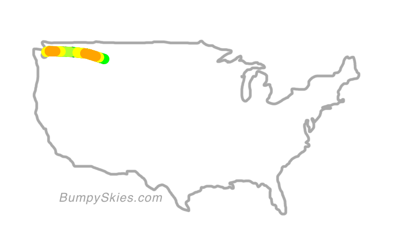 Map of continental US with illustrated flight path and turbulence forecast (described in text below)