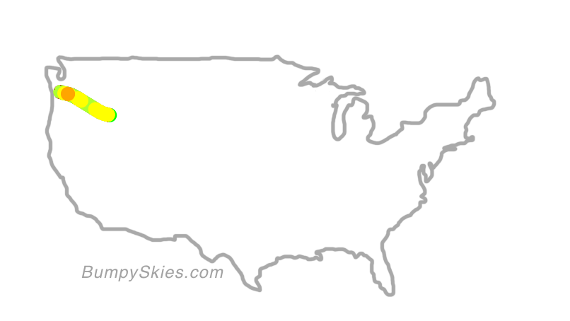 Map of continental US with illustrated flight path and turbulence forecast (described in text below)