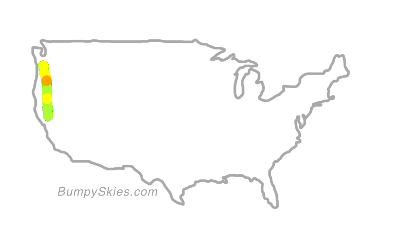 Map of continental US with illustrated flight path and turbulence forecast (described in text below)