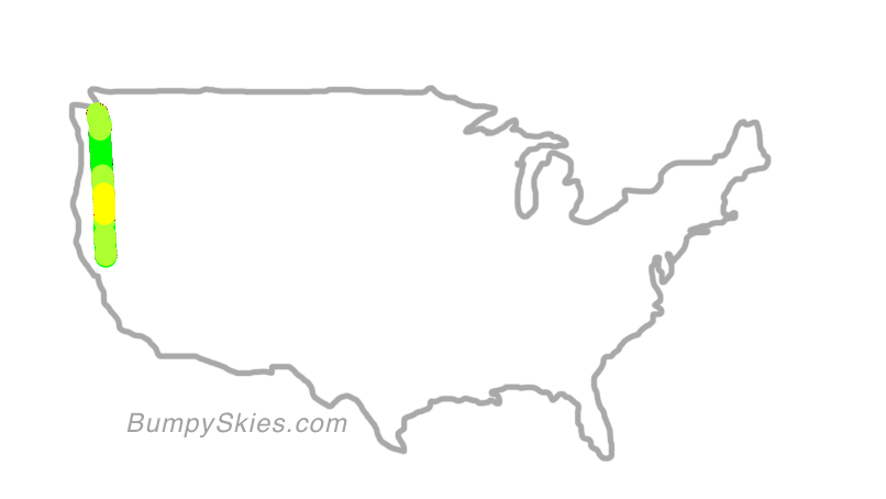 Map of continental US with illustrated flight path and turbulence forecast (described in text below)