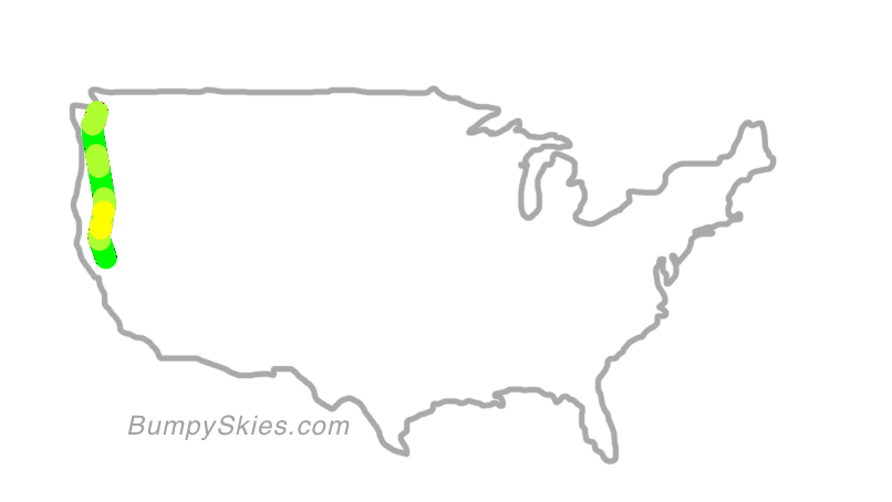 Map of continental US with illustrated flight path and turbulence forecast (described in text below)