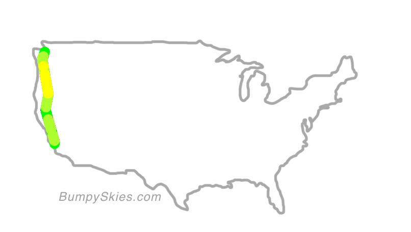 Map of continental US with illustrated flight path and turbulence forecast (described in text below)
