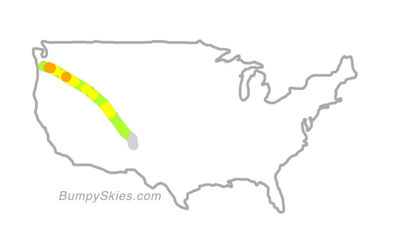 Map of continental US with illustrated flight path and turbulence forecast (described in text below)