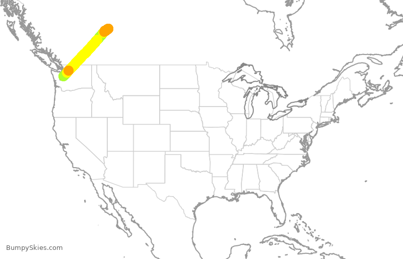 Map of continental US with illustrated flight path and turbulence forecast (described in text below)