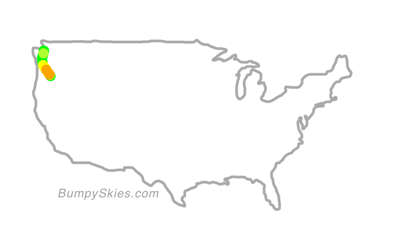 Map of continental US with illustrated flight path and turbulence forecast (described in text below)