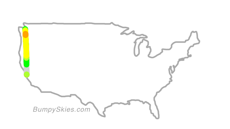 Map of continental US with illustrated flight path and turbulence forecast (described in text below)