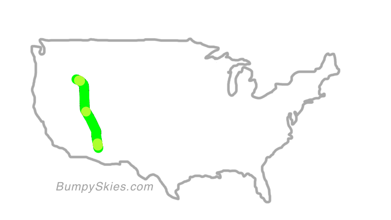 Map of continental US with illustrated flight path and turbulence forecast (described in text below)
