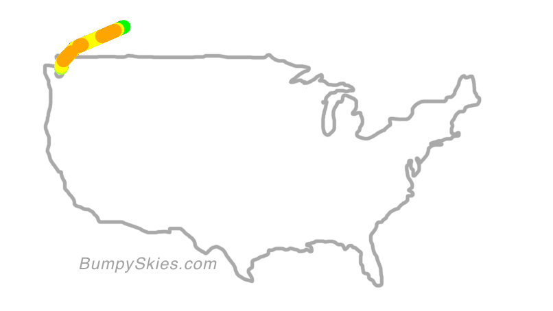 Map of continental US with illustrated flight path and turbulence forecast (described in text below)