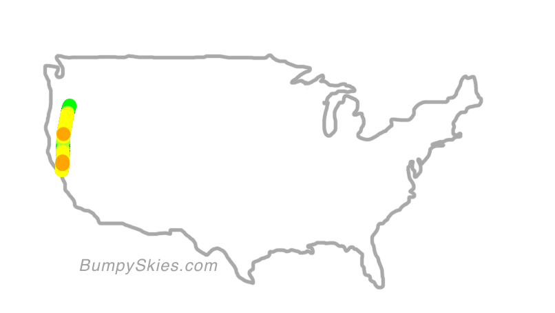 Map of continental US with illustrated flight path and turbulence forecast (described in text below)