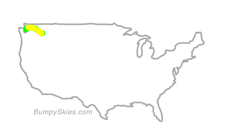 Map of continental US with illustrated flight path and turbulence forecast (described in text below)