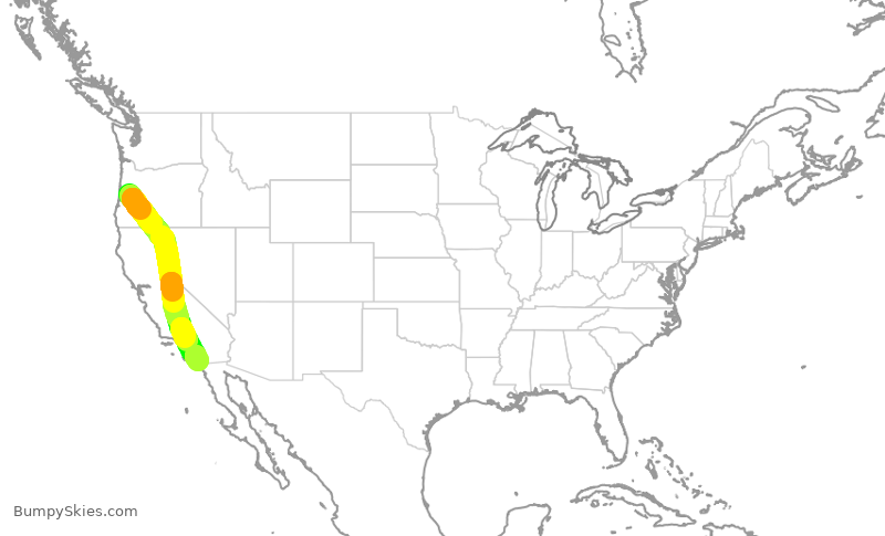 Turbulence forecast map for QXE2318, EUG to SAN