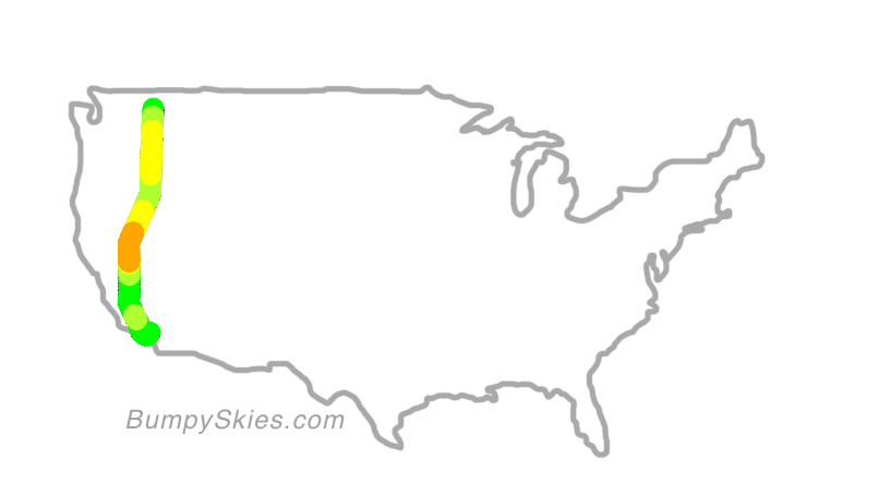 Map of continental US with illustrated flight path and turbulence forecast (described in text below)