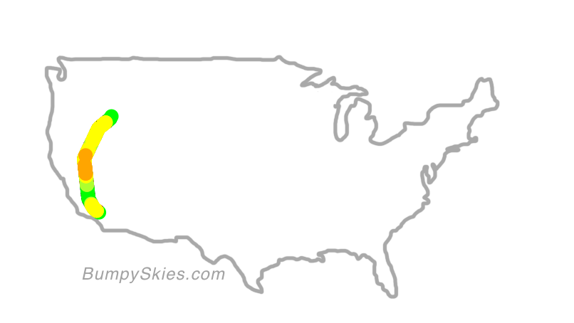 Map of continental US with illustrated flight path and turbulence forecast (described in text below)