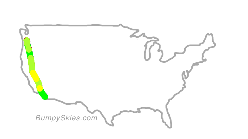 Map of continental US with illustrated flight path and turbulence forecast (described in text below)