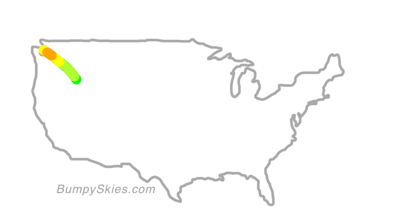Map of continental US with illustrated flight path and turbulence forecast (described in text below)