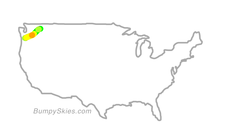 Map of continental US with illustrated flight path and turbulence forecast (described in text below)