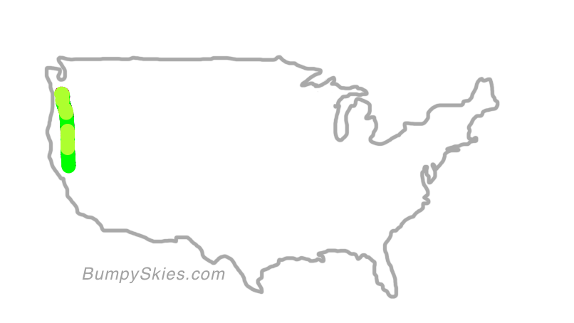 Map of continental US with illustrated flight path and turbulence forecast (described in text below)
