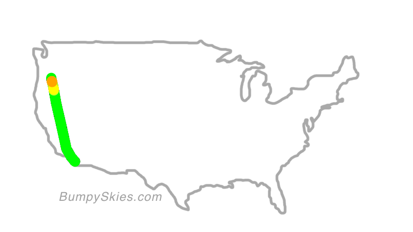 Map of continental US with illustrated flight path and turbulence forecast (described in text below)