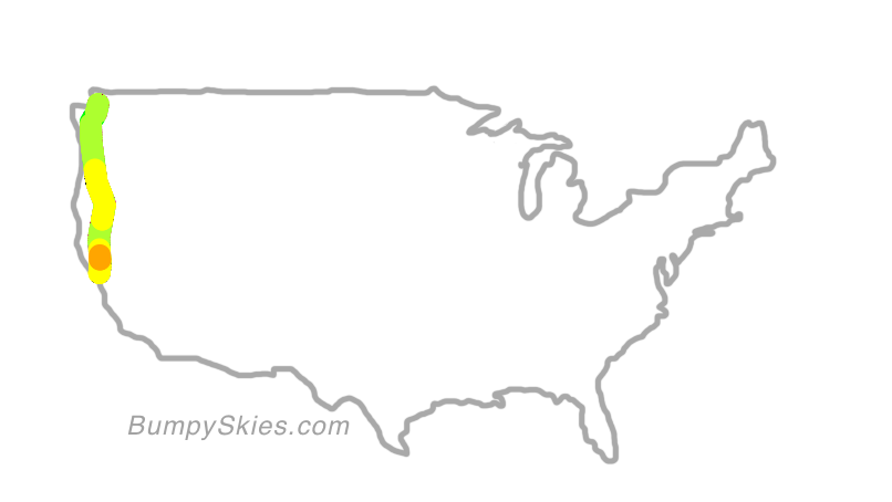 Map of continental US with illustrated flight path and turbulence forecast (described in text below)