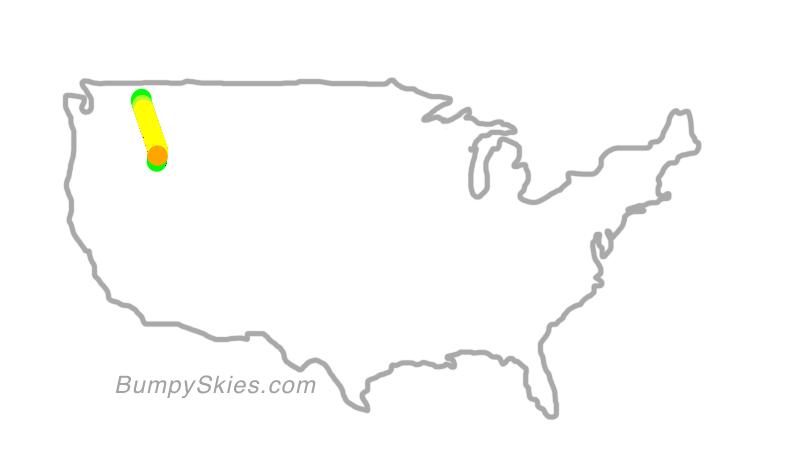 Map of continental US with illustrated flight path and turbulence forecast (described in text below)