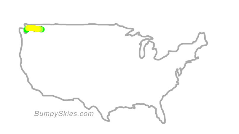 Map of continental US with illustrated flight path and turbulence forecast (described in text below)
