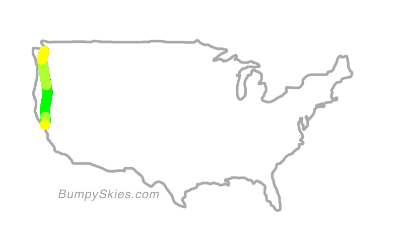 Map of continental US with illustrated flight path and turbulence forecast (described in text below)