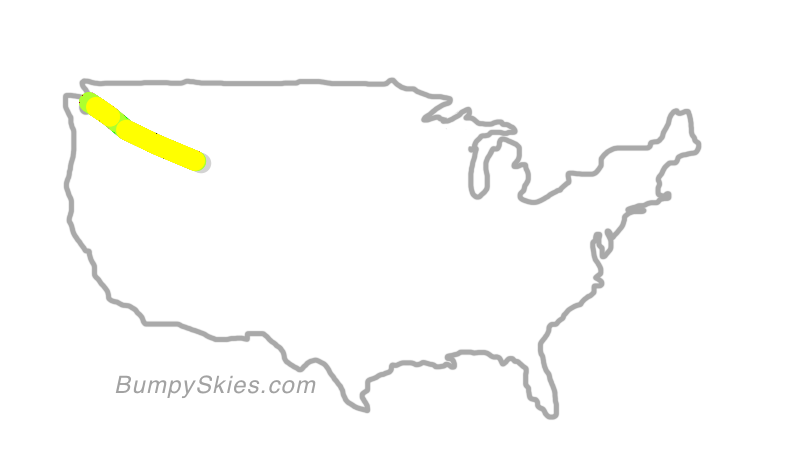 Map of continental US with illustrated flight path and turbulence forecast (described in text below)