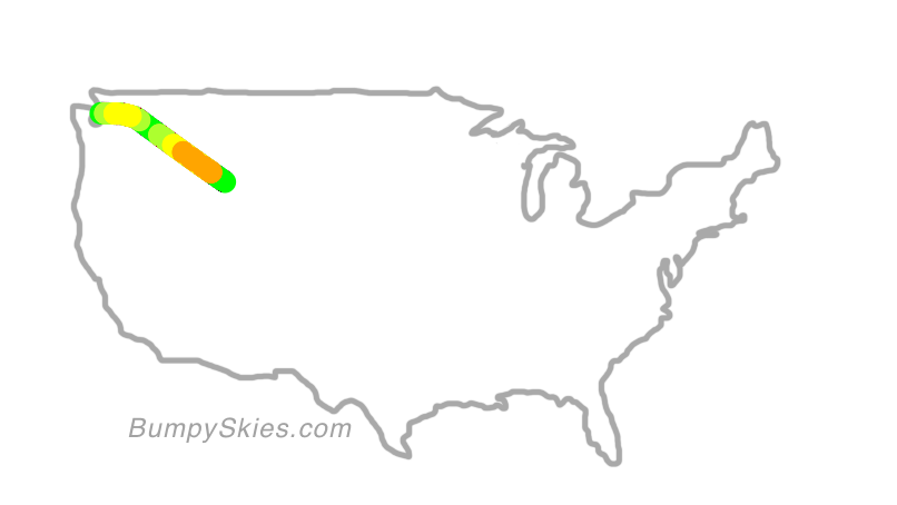 Map of continental US with illustrated flight path and turbulence forecast (described in text below)