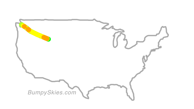 Map of continental US with illustrated flight path and turbulence forecast (described in text below)