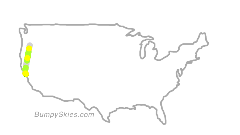 Map of continental US with illustrated flight path and turbulence forecast (described in text below)
