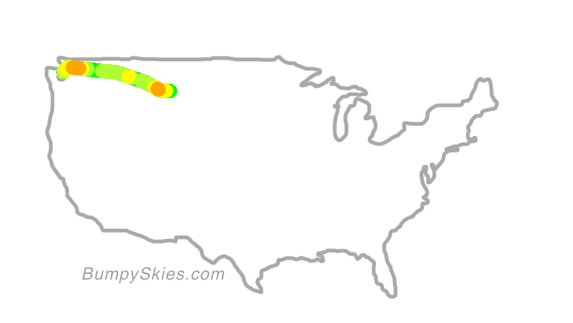 Map of continental US with illustrated flight path and turbulence forecast (described in text below)