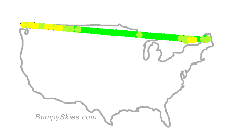 Map of continental US with illustrated flight path and turbulence forecast (described in text below)