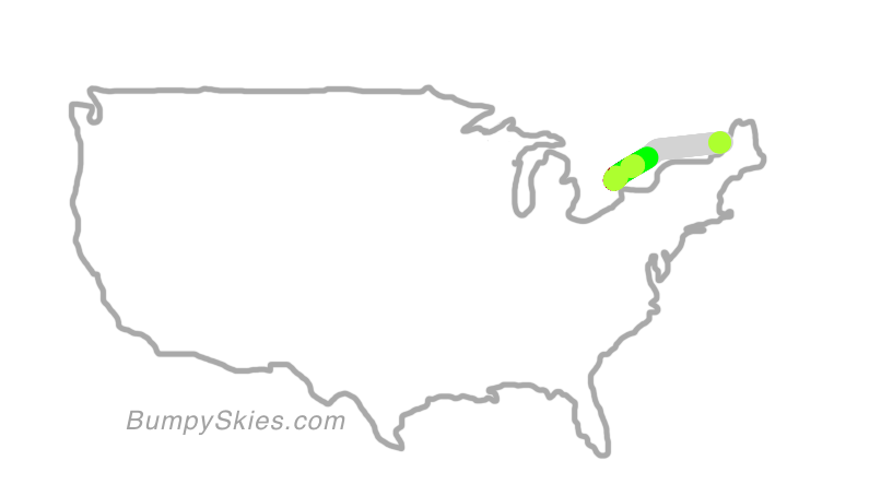 Map of continental US with illustrated flight path and turbulence forecast (described in text below)