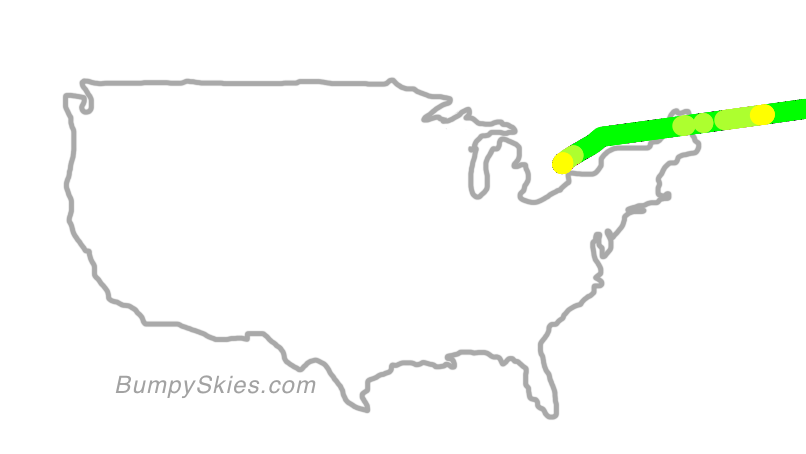 Map of continental US with illustrated flight path and turbulence forecast (described in text below)