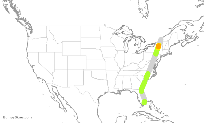 Turbulence forecast map for ROU1602, YUL to FLL