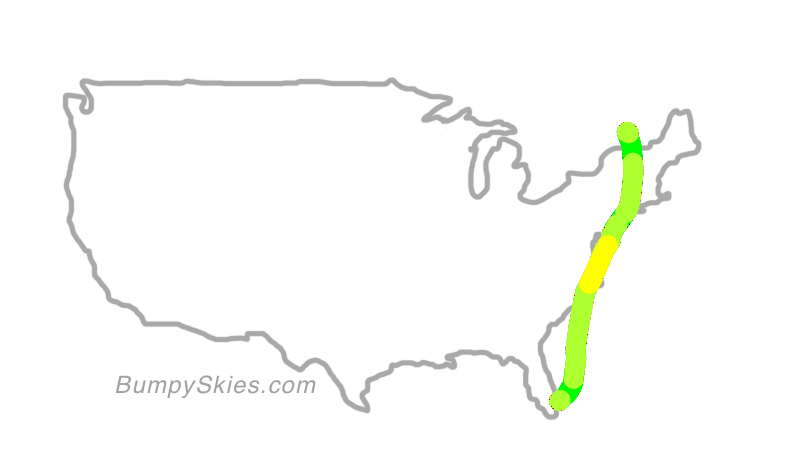 Map of continental US with illustrated flight path and turbulence forecast (described in text below)