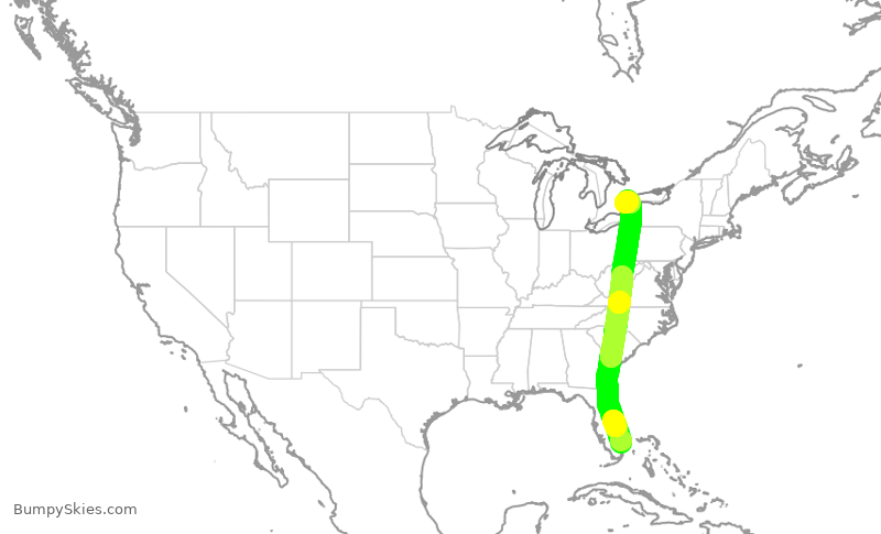 Turbulence forecast map for ROU1621, FLL to YYZ